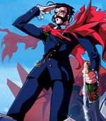 A man in a blue suit with majestic facial hair and a fizzing bottle of champagne.